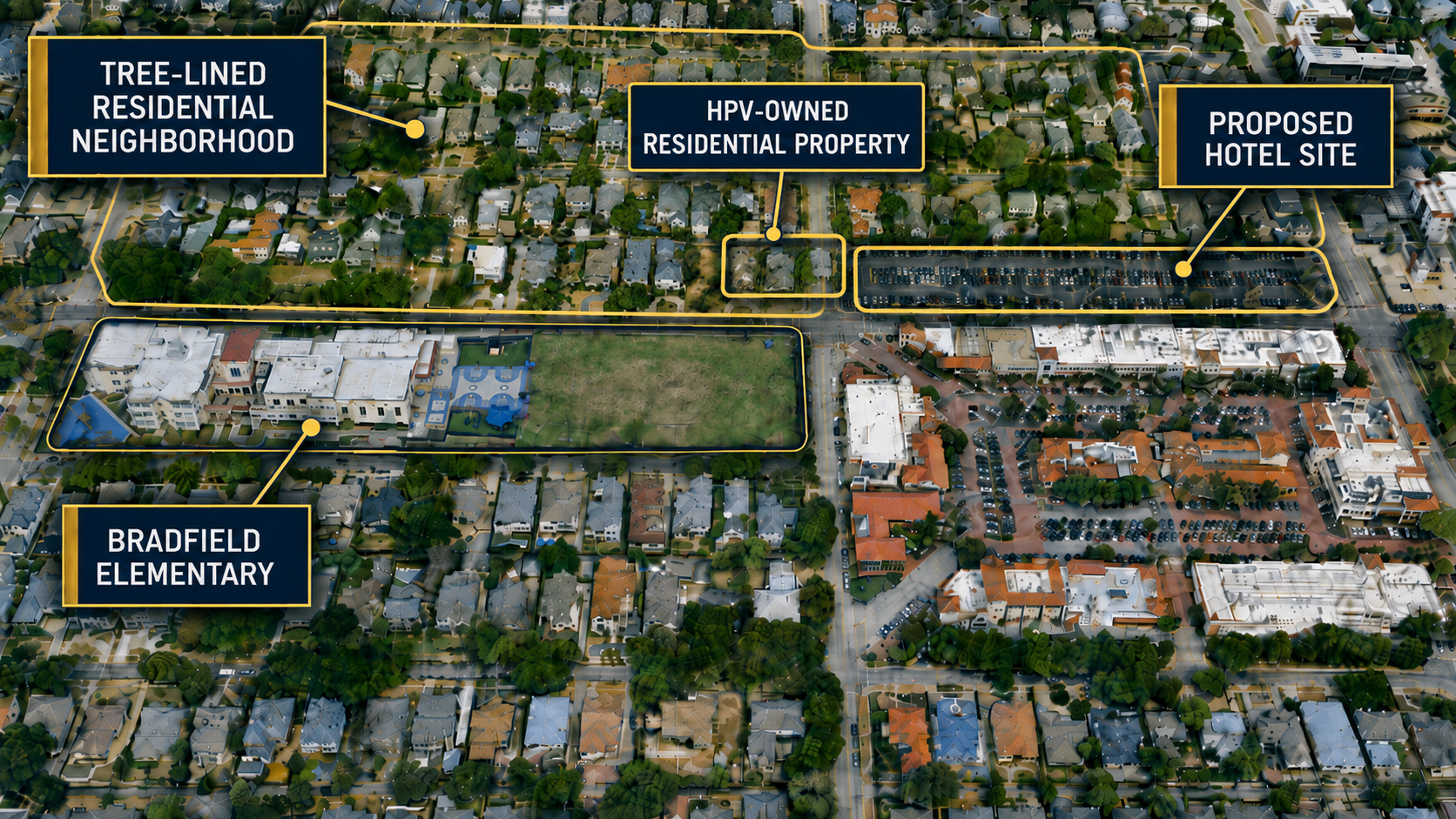 Aerial map showing the proposed hotel site adjacent to the tree-lined residential neighborhood and Bradfield Elementary